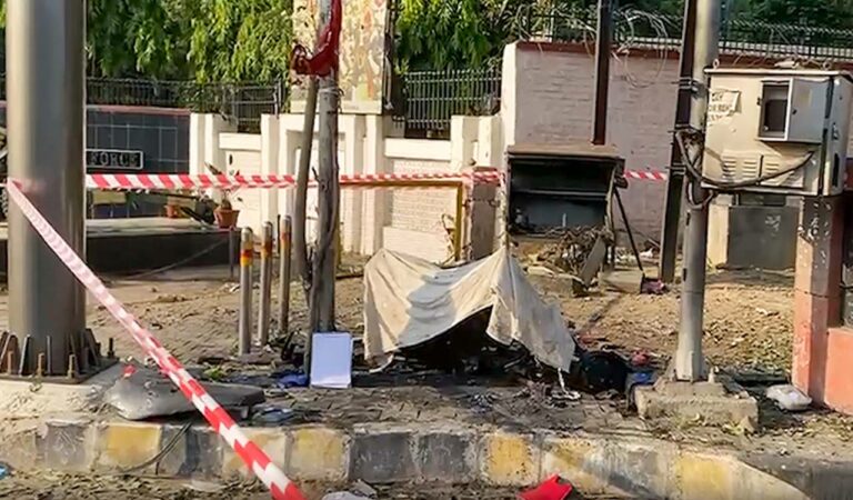 Security personnel cordon off the spot following an explosion near Border Security Force (BSF) Punjab Frontier headquarters in Jalandha
